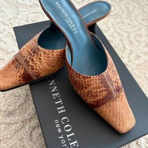 Kenneth Cole Brown Tan Snake-Embossed Pointed Slip-On Mules